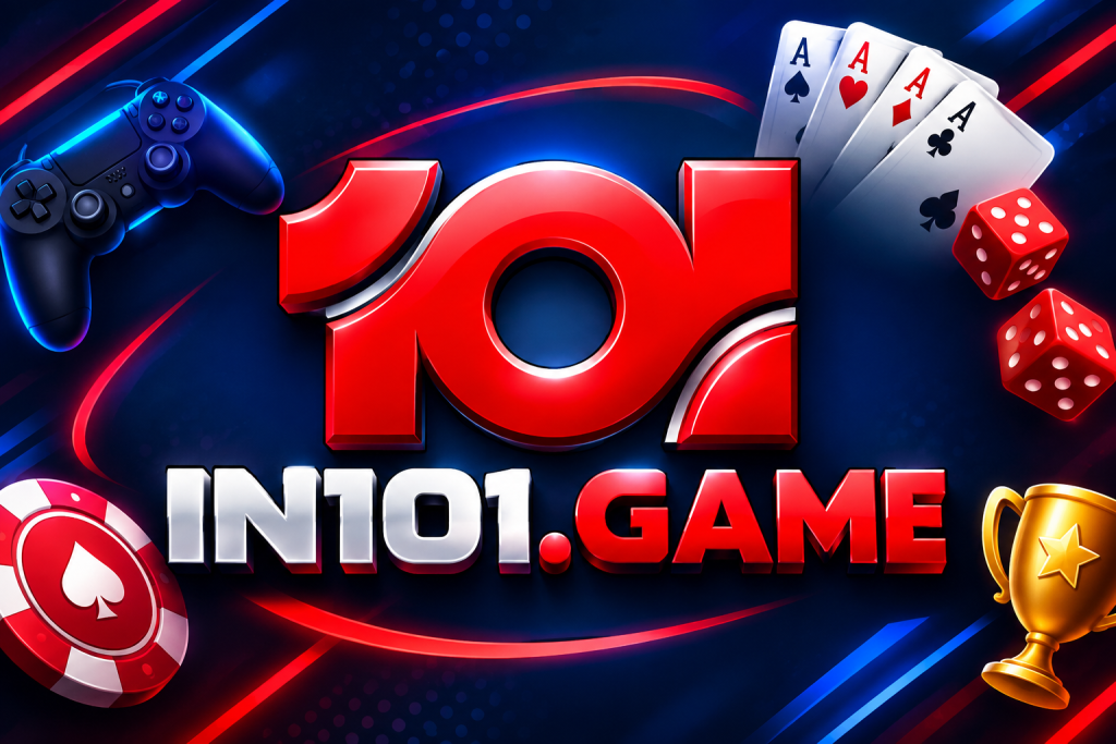 IN101 Game online gaming logo with red 101 emblem, playing cards, dice, controller, poker chip, and trophy